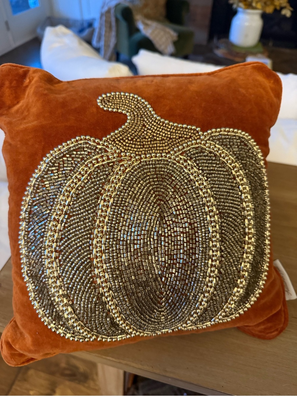 Autumn Fall Beaded Pumpkin Pillow Burnt Orange Velvet Fall Decor 12”